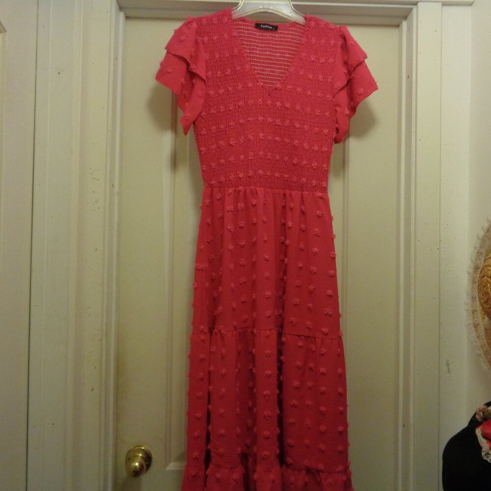 HOT PINK NUBBY TEXTURES SHEERED RUFFLES TIERED DRESS BY FASHION S